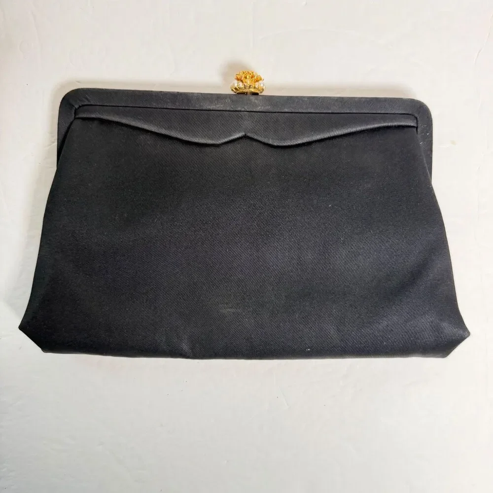 Vintage Morris Moskowitz MM Black Evening Clutch Kiss Lock Purse Mirror Coin Bag